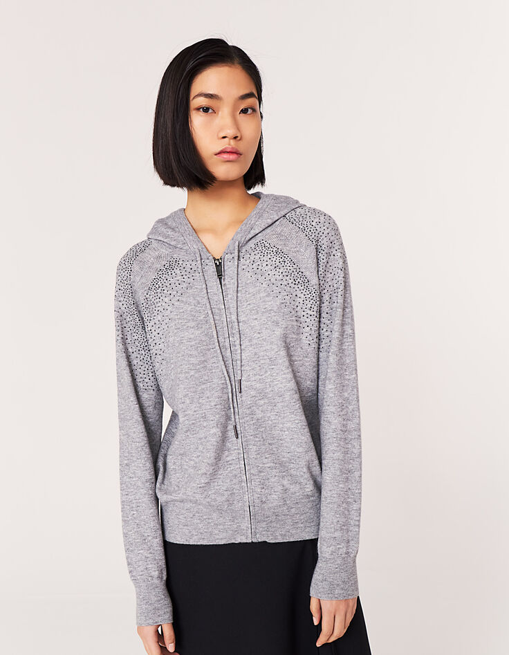 Cardigan gris à capuche détails bijoux femme-2