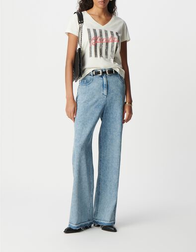 Camiseta blanca de mujer de algod&oacute;n org&aacute;nico con mensaje y rayas BLONDIE - IKKS