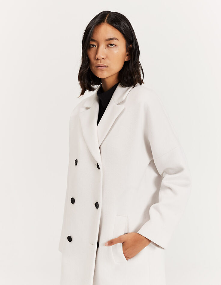 Manteau long écru en drap de laine mélangé femme-6