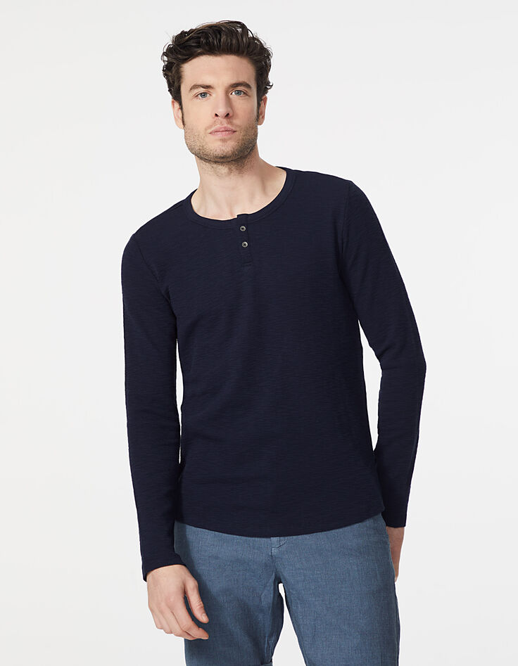 Men’s navy textured button neck T-shirt-2