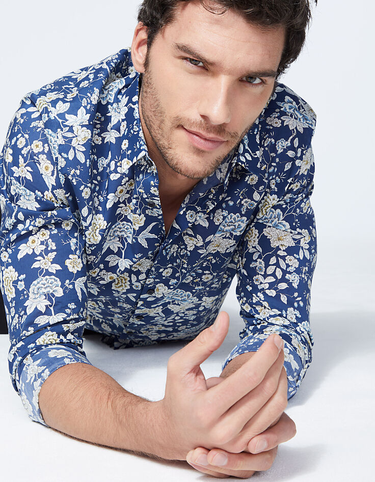 Indigoblaues Herren SLIM-Hemd mit Liberty®-Blumenprint-1