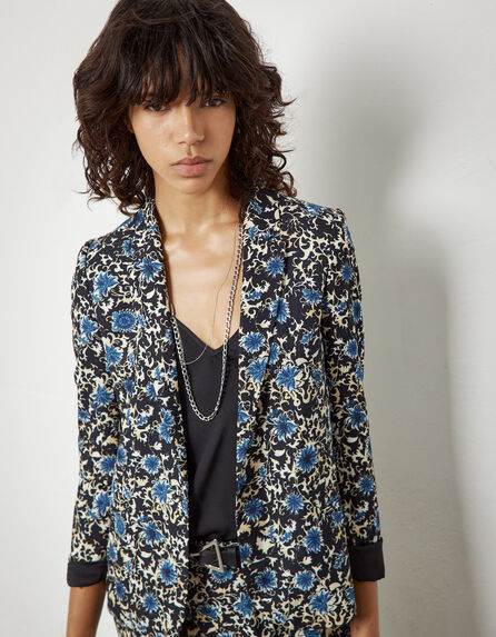 Women's blue flower print crepe suit jacket