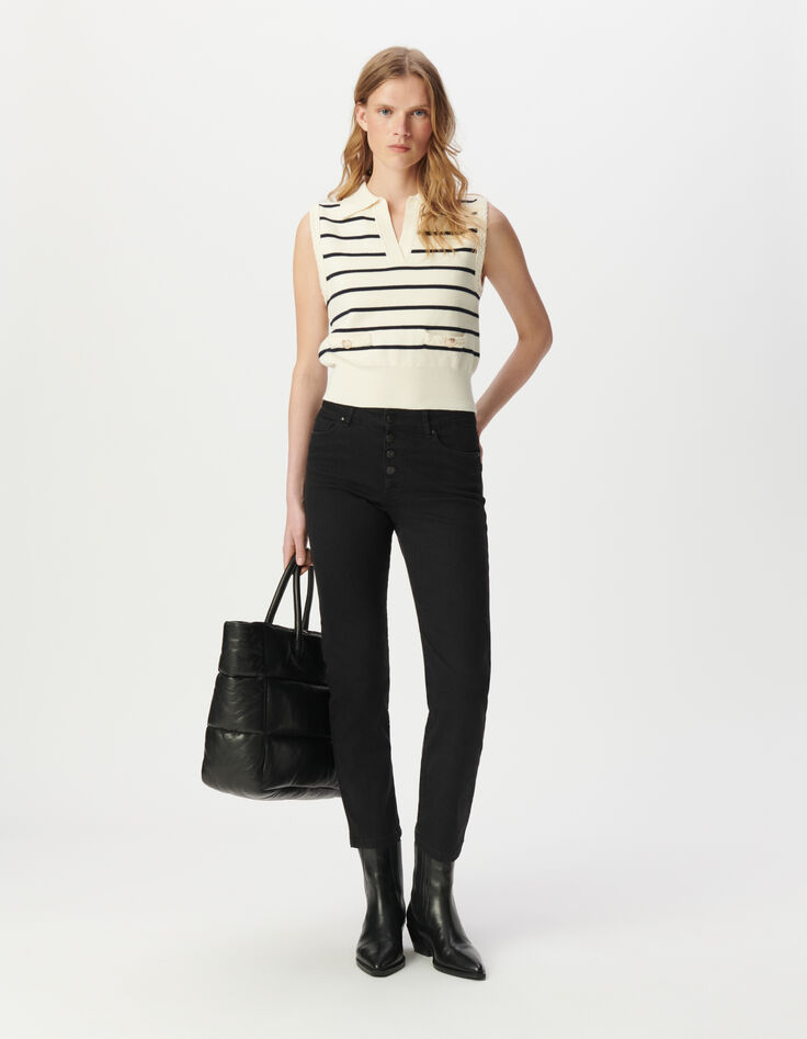 Pull polo blanc tricot rayures marine Femme-1
