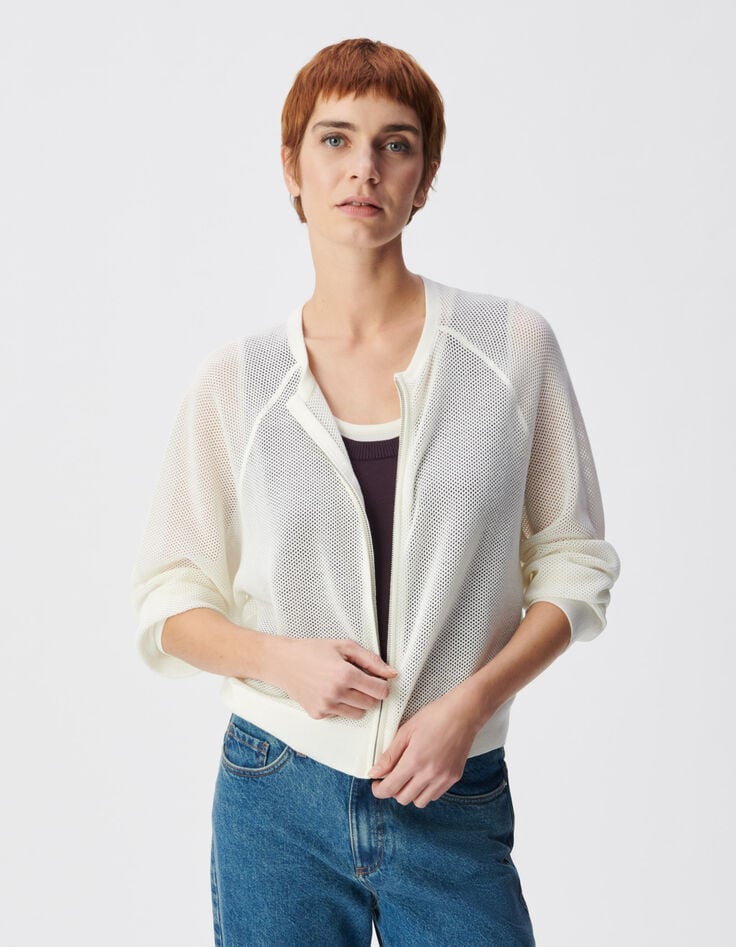 Cardigan zipp&eacute; blanc tricot ajour&eacute; Femme-4