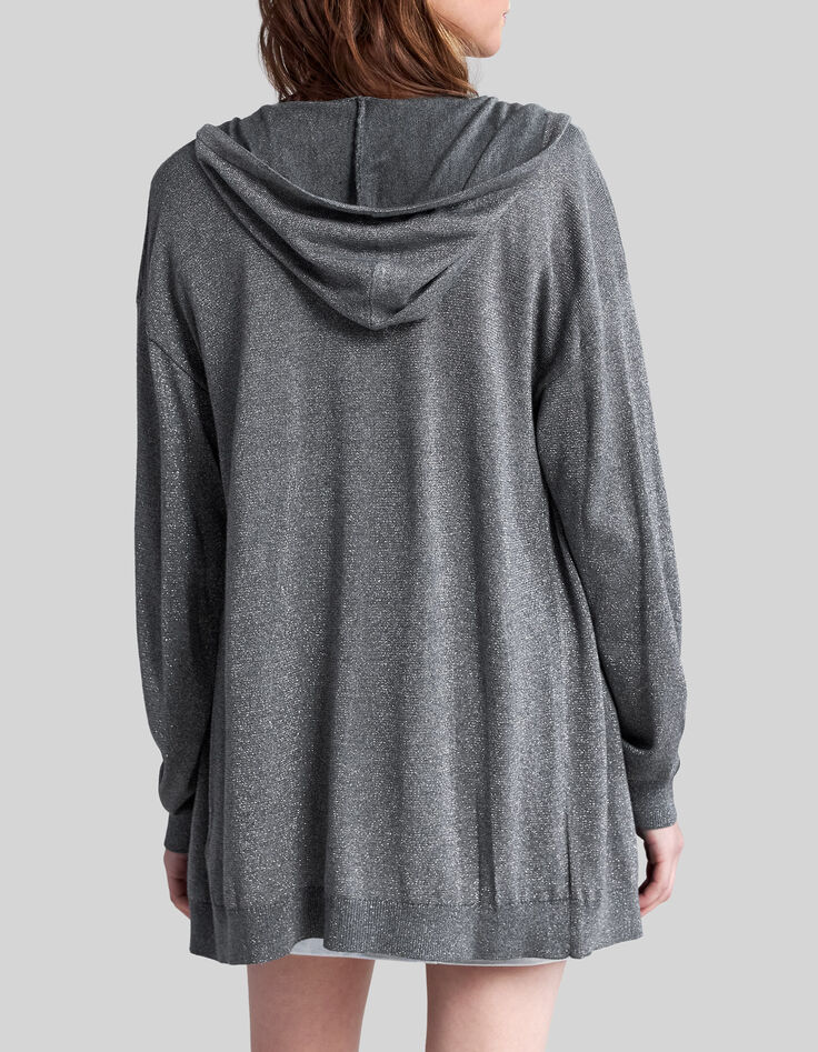 Mittellange Damen-Strickjacke silberfarbenes Lurex-2