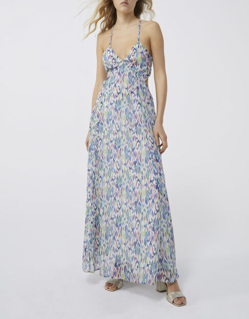Robe longue écrue dos-nu imprimé ikat losanges Femme