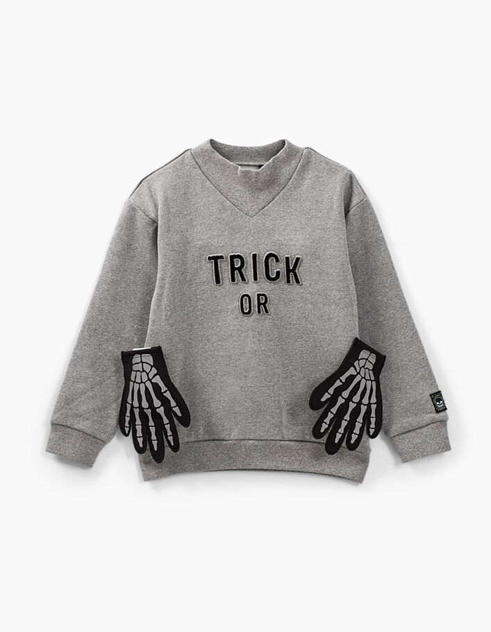 Mittelgrau meliertes Jungensweatshirt Trick or Treat mit Halloween-Handschuhen  - IKKS