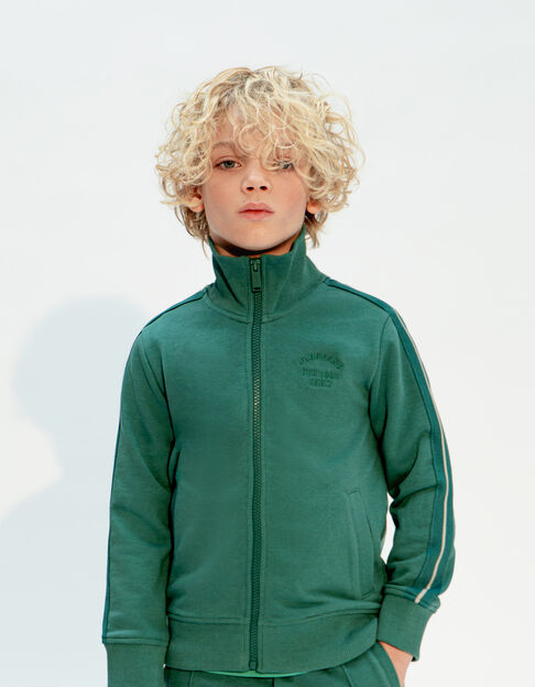 Boys’ green zipped cardigan with striped braid on sleeves - IKKS