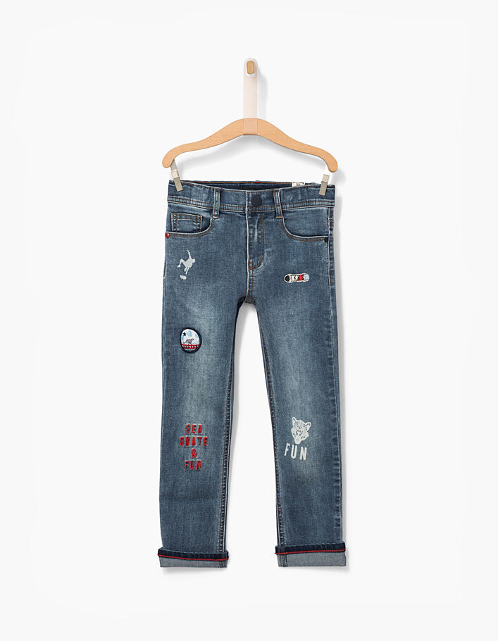 Boys’ light blue patched embroidered slim jeans  - IKKS
