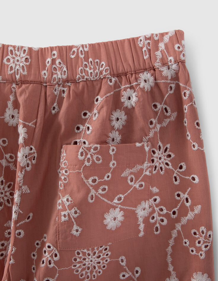 Pantalon vieux rose coton bio broderies fleurs fille-5