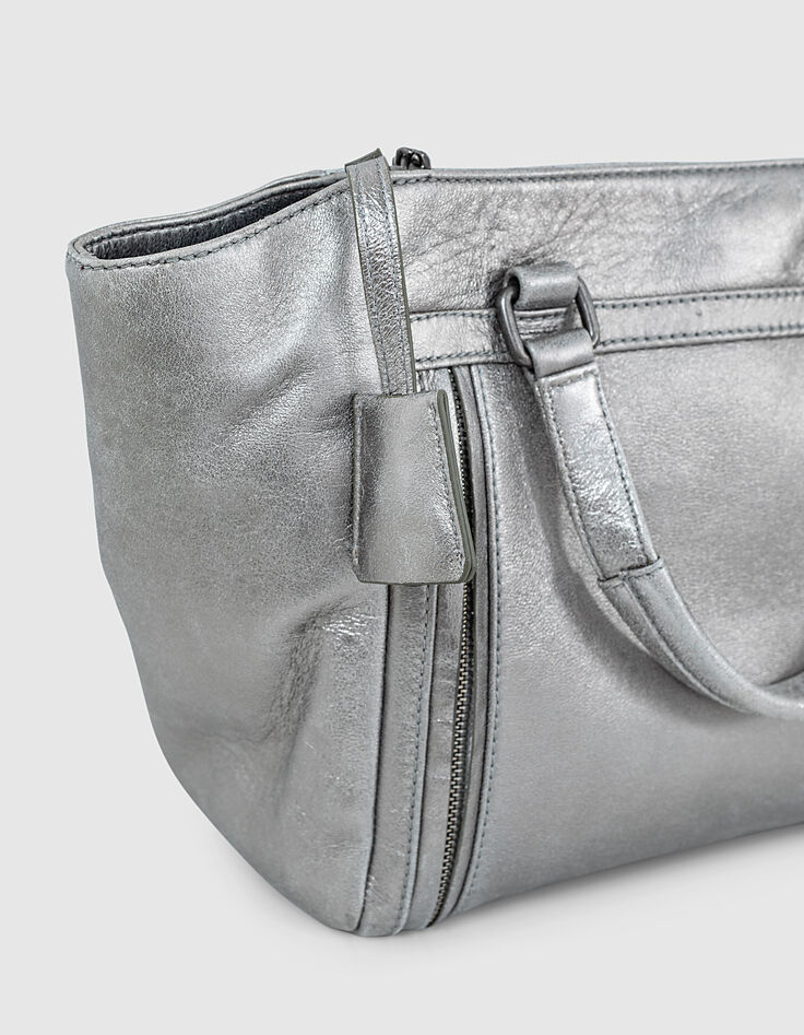 Sac cabas cuir argent LE 1440 MEDIUM SILVER matelassage chevrons femme-4