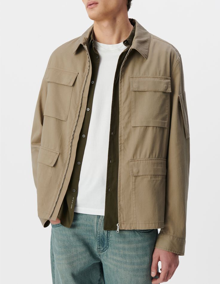 Beige Herrensafarijacke f&uuml;nf Taschen Rei&szlig;verschluss-2