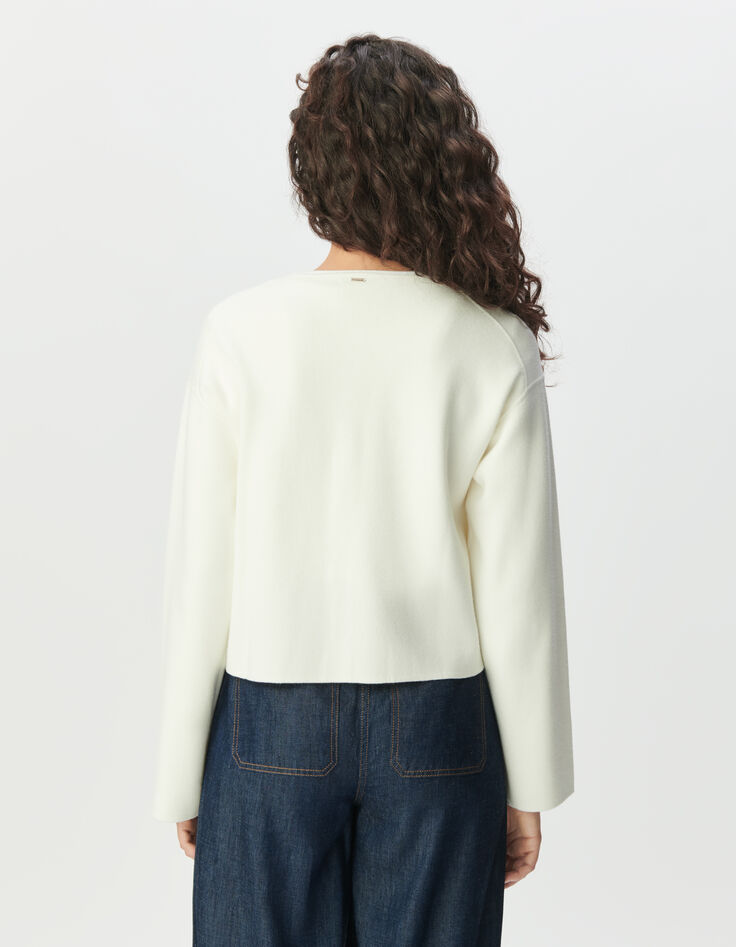 Women’s white knit short cardigan with patch pockets-4