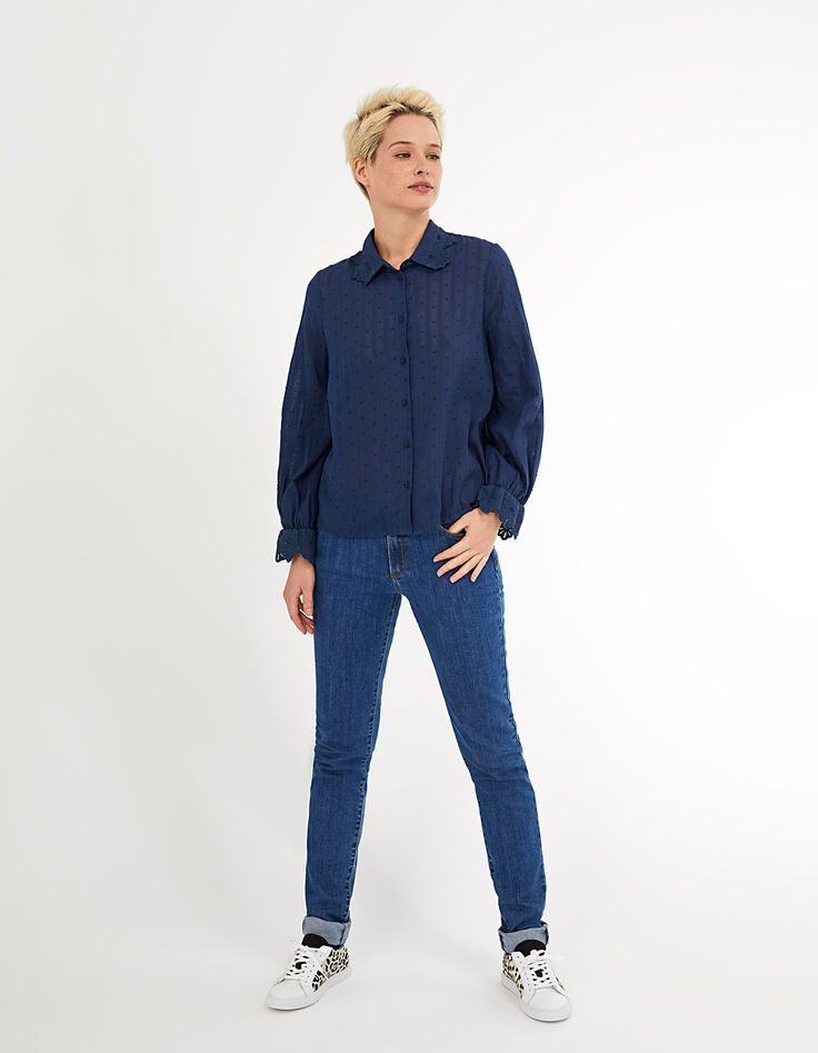 Marineblaues Hemd mit Spitze und Stickerei I.Code -6