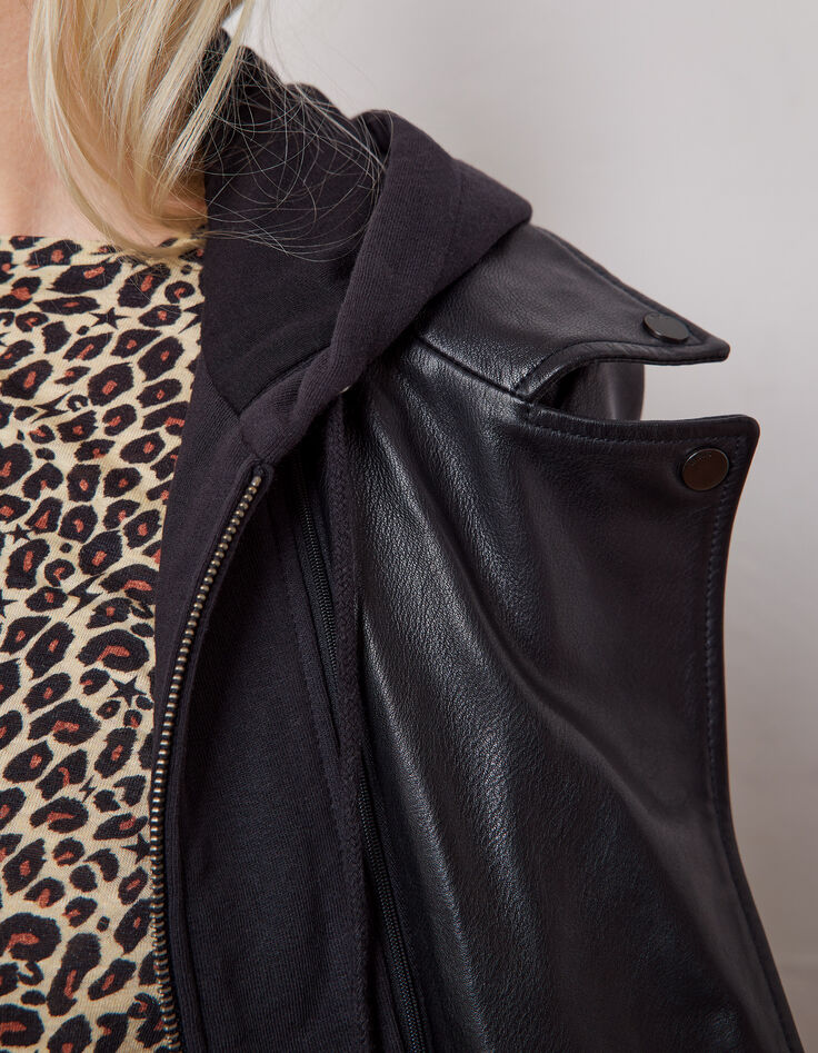 Blouson noir en cuir d'agneau et boutons femme-3