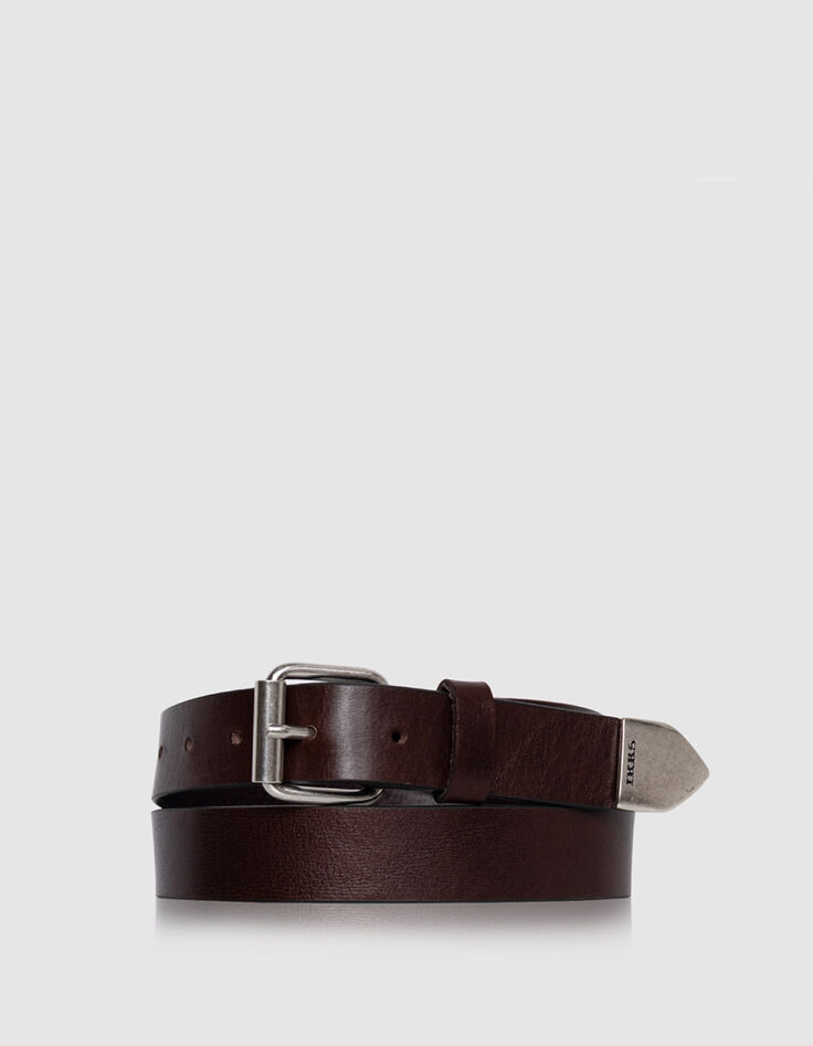 Men's brown leather belt with metal buckle-1