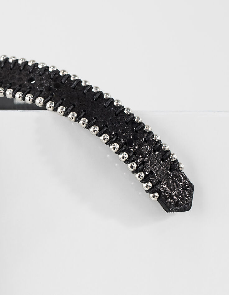 Ceinture en cuir noir bordures perles femme-4