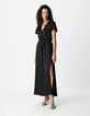 Women's black satin maxi dress with crinkled lace details-3