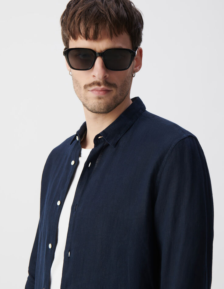 Marineblaues SLIM-Herrenhemd aus 100% Leinen-6