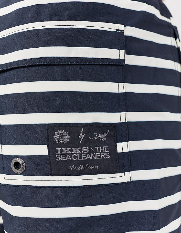 Men’s black sailor stripe swimshorts, ecru stripes, badges-5