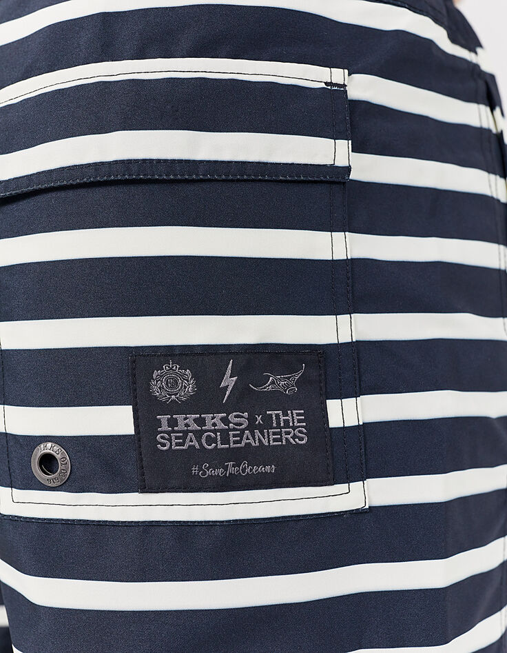 Short de bain noir à rayures écrues et badges Homme-5