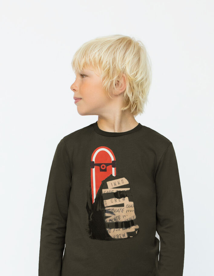 Boys’ khaki skateboard reversible sequin cotton T-shirt - IKKS