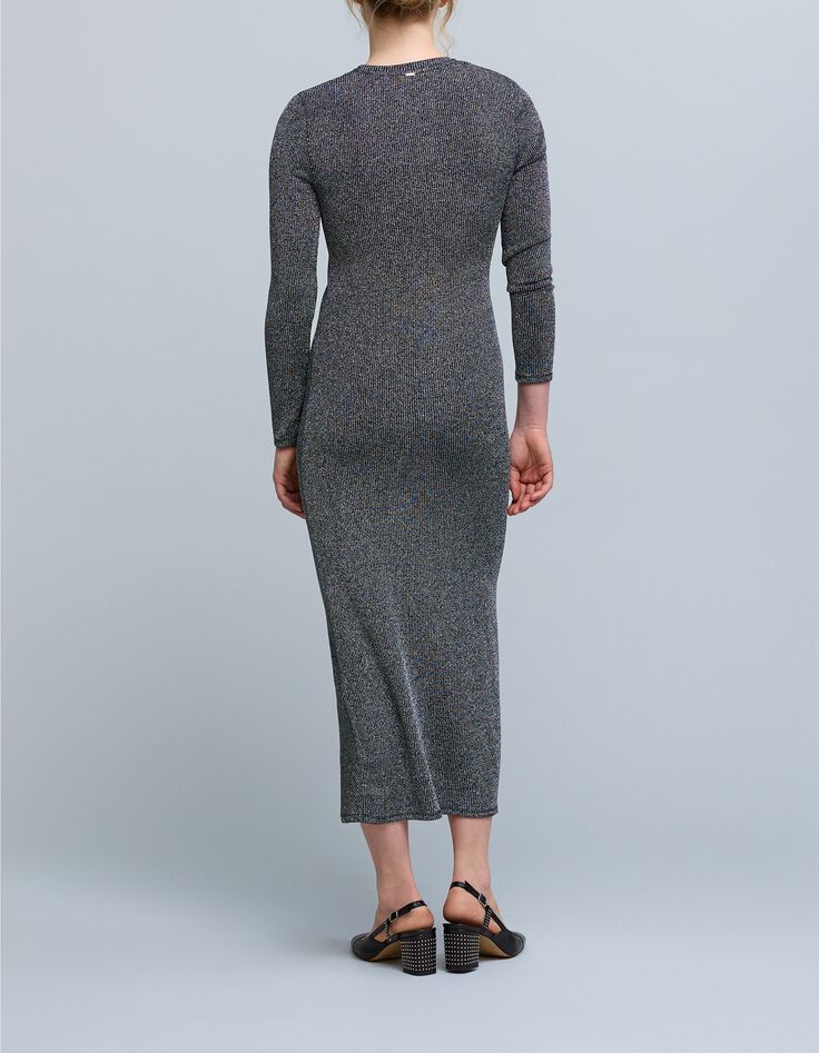 Maxivestido plateado de malla de lúrex acanalado-3