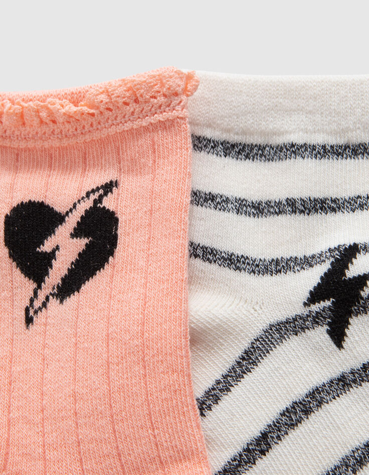 Pfirsichrote und cremeweiße Mädchensocken mit Streifen-6