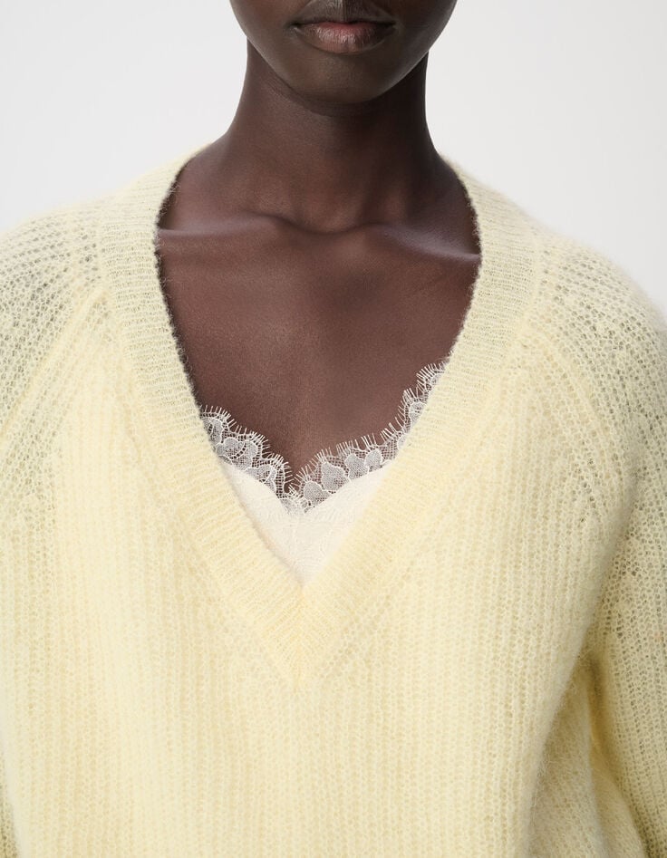 Pull col V jaune tricot loose Femme-3