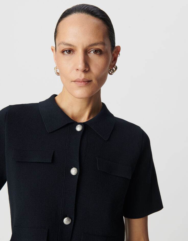 Marineblaue kurze STRICKJACKE für Damen mit eingravierten Knöpfen-4