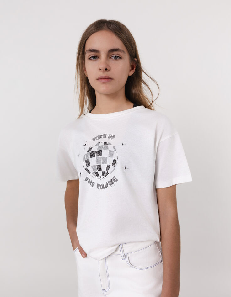 White t-shirt organic cotton faceted ball for girl-1