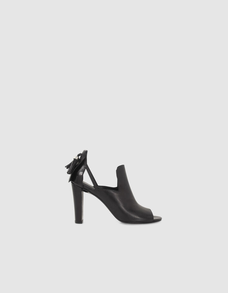 Sandales à talon en cuir noir décor pompons Femme-1