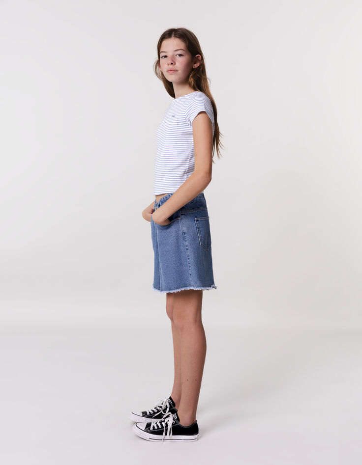Short en jean bleu bords frangés fille-2