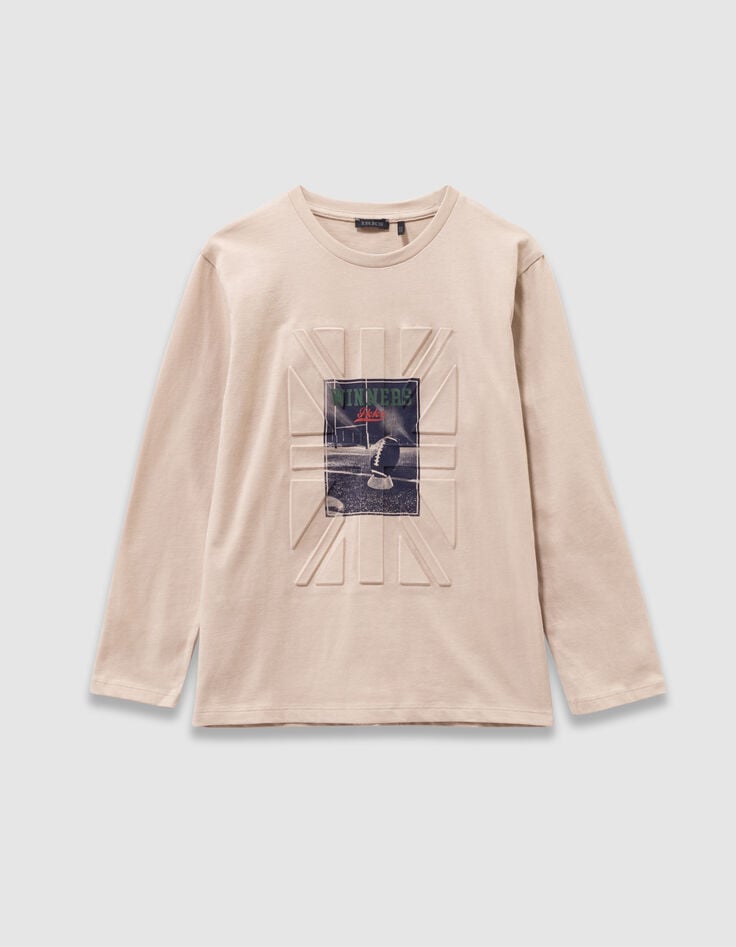 Camiseta manga larga beige bandera relieve niño-3