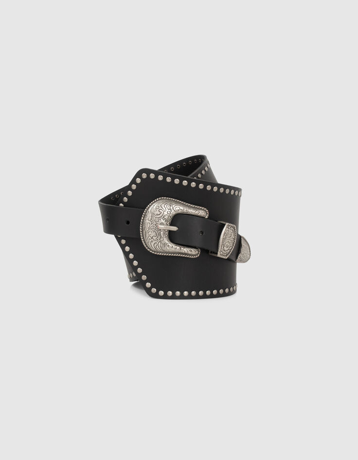 Women’s black leather studded asymmetric belt-1 Women’s black leather studded asymmetric belt-1