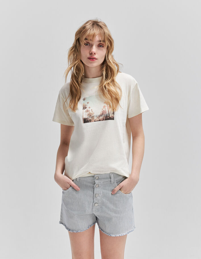 Weißes Damen-T-Shirt mit Strass auf Palmenfoto - IKKS