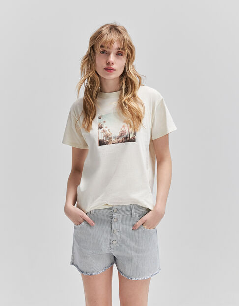 Weißes Damen-T-Shirt mit Strass auf Palmenfoto - IKKS