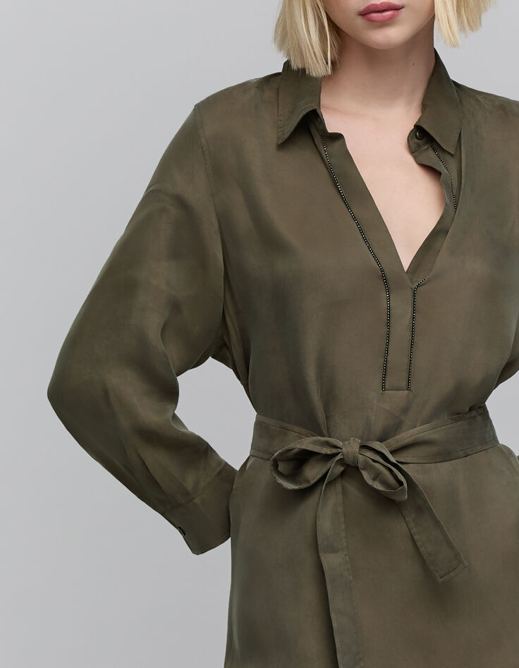 Women's khaki midi shirt dress with jewels-4