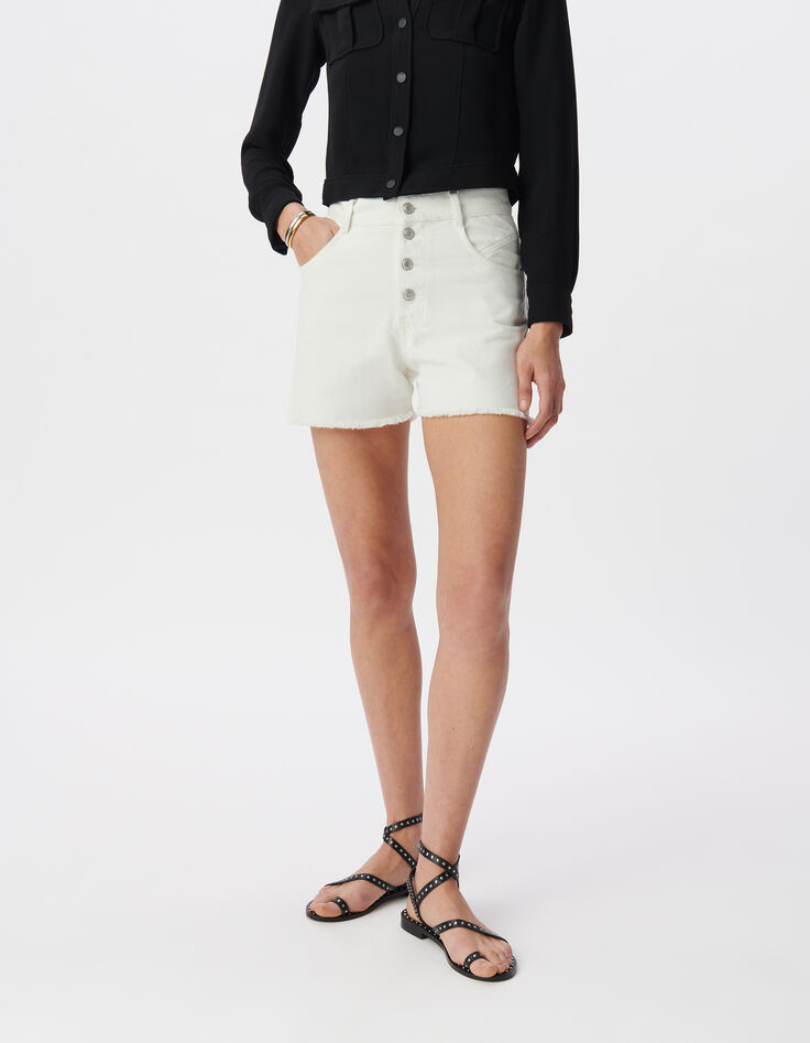 Short en jean blanc coton bio taille haute frangé Femme-2