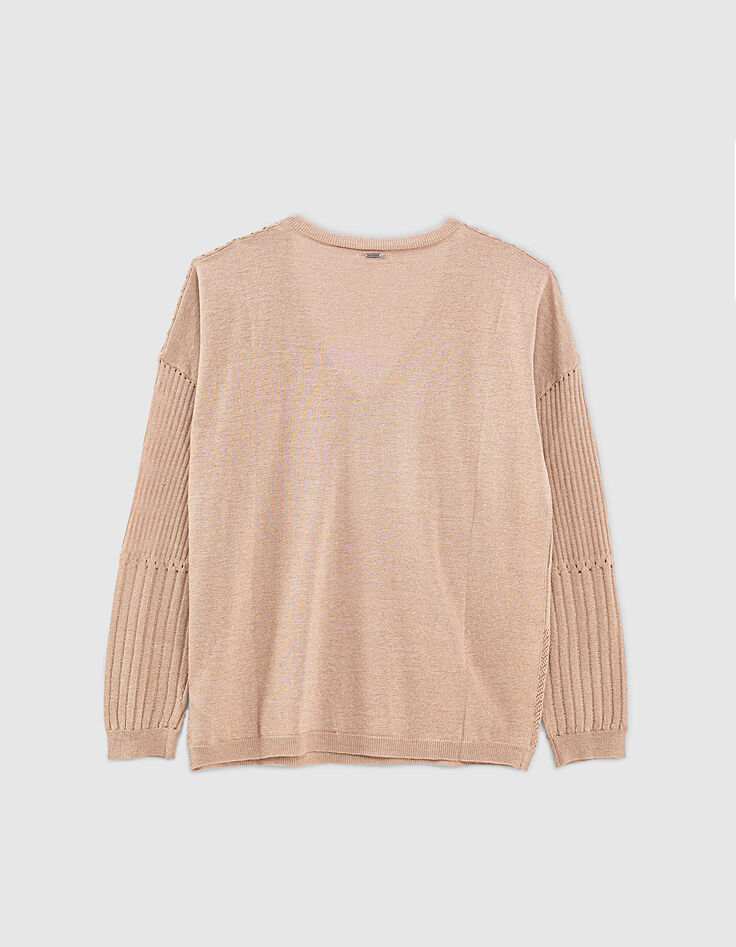 Women’s nude metallic knit V-neck sweater, stitch detail-3
