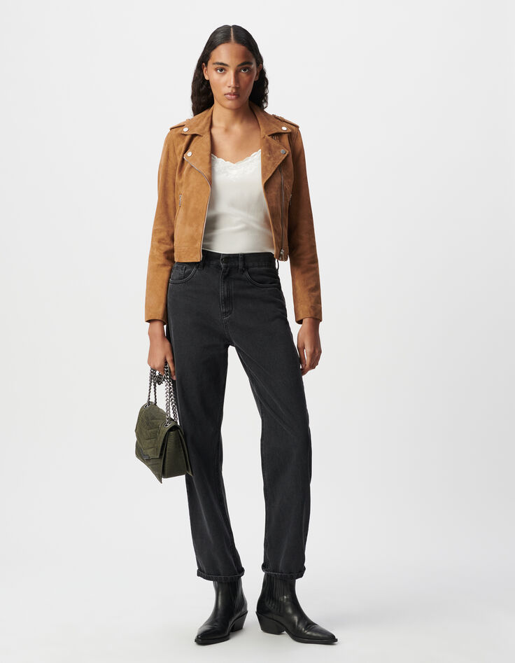 Veste camel cuir velours esprit motard Femme-1