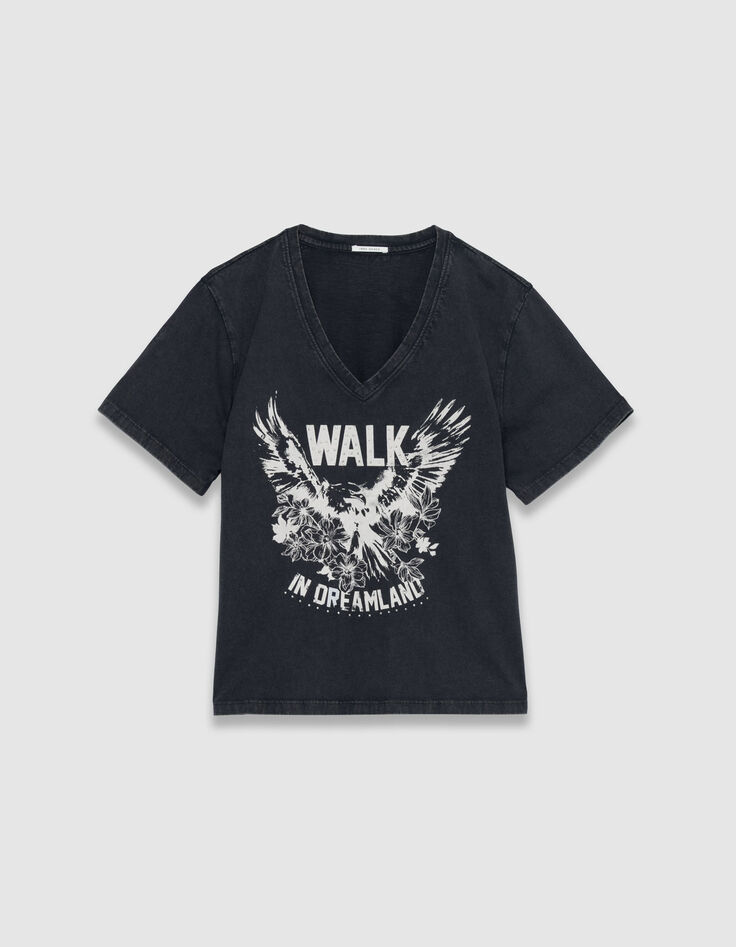 Schwarzes Damen T-Shirt aus verwaschener Bio-Baumwolle mit V-Ausschnitt-5