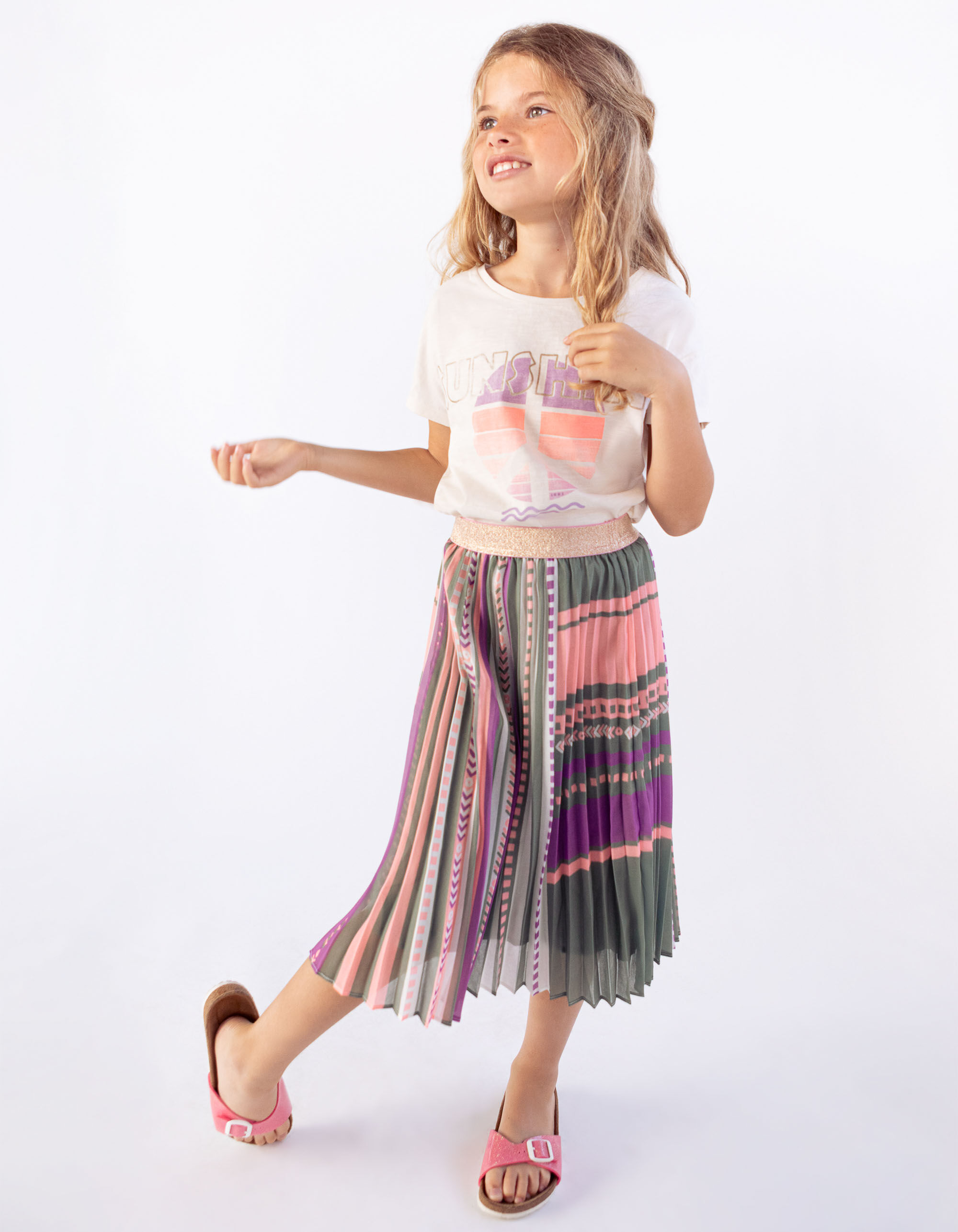 Girls khaki pleated long skirt with ethnic motif IKKS