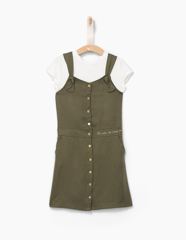Robe 2 en 1 kaki avec tee-shirt blanc fille-1