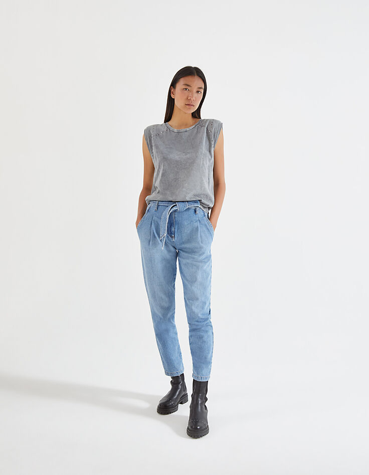 Women’s grey studded epaulet sleeveless T-shirt-5