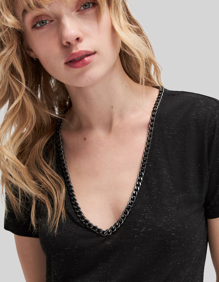 Women’s black lurex chain V-neck T-shirt - IKKS