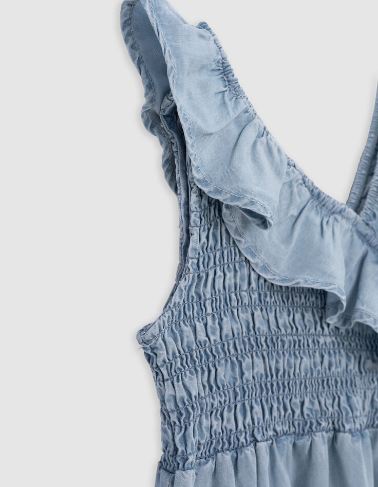 Robe en jean bleue smockée bretelle asymétrique fille-7