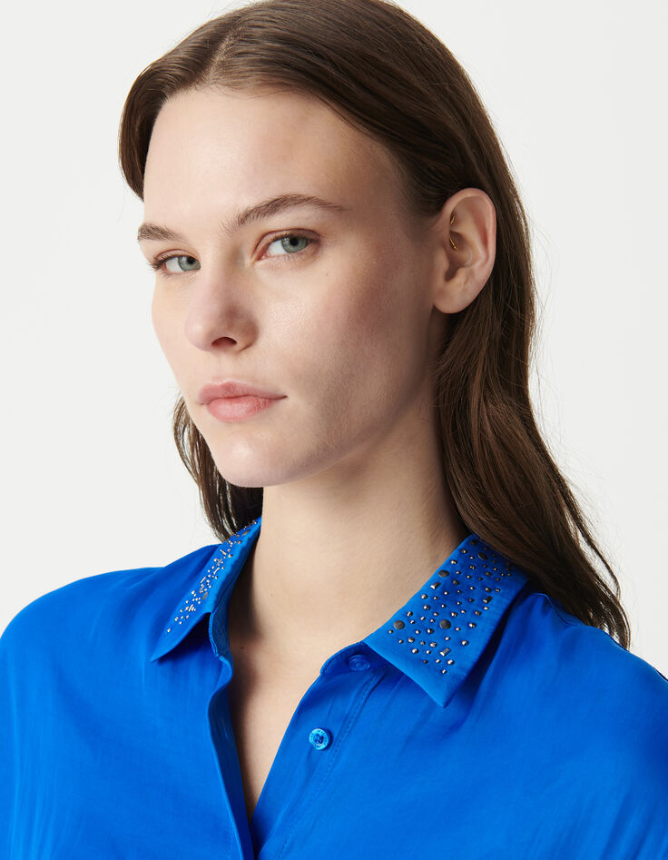 Elektrisch blauw kort damesshirt met paillettenboorden-4