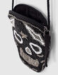 Sac à main noir forme tête de mort brodée fille-5
