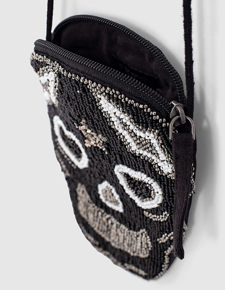 Sac à main noir forme tête de mort brodée fille-5